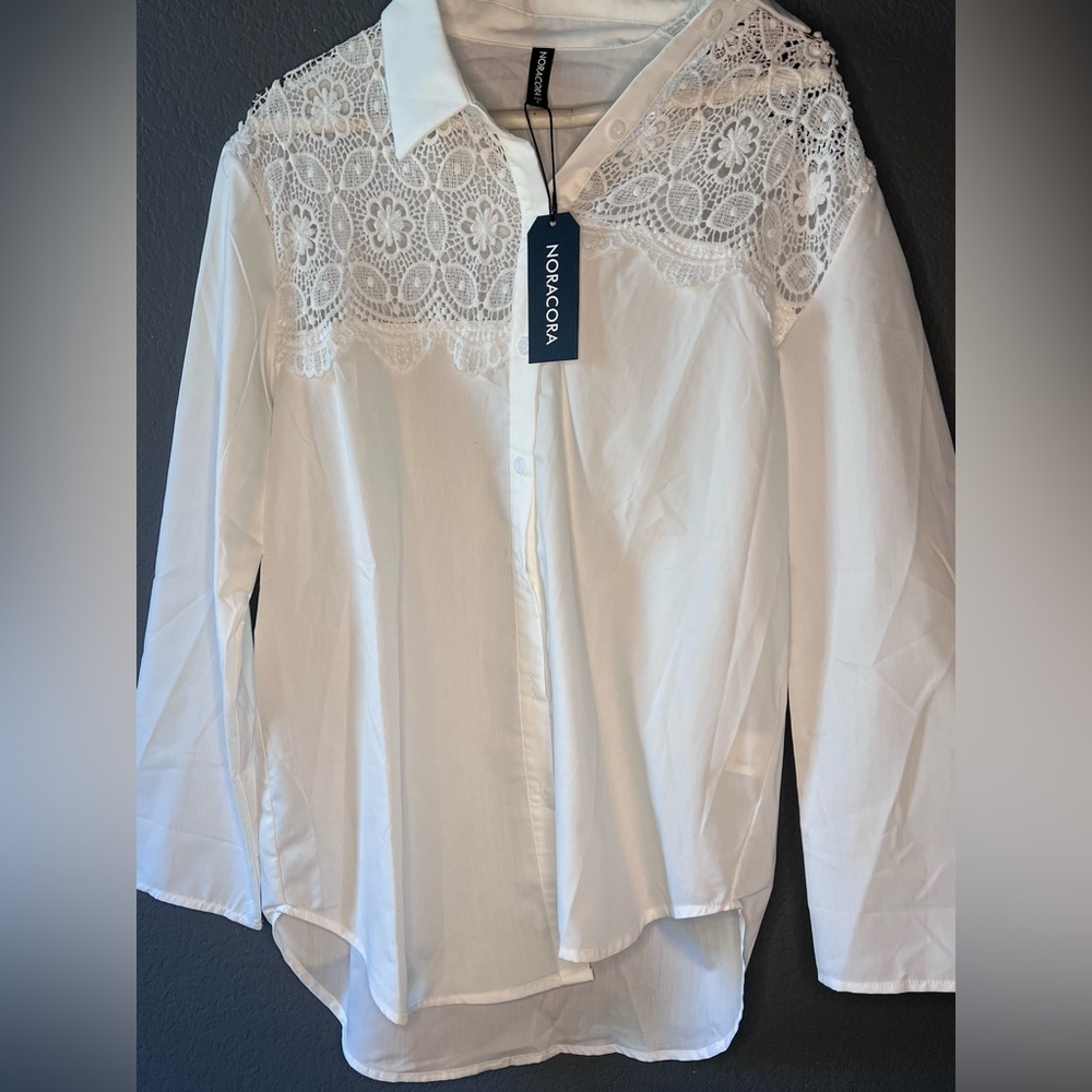 White Long Sleeve Loose Women’s Button Up Mandarin Collar Embellished Blouse